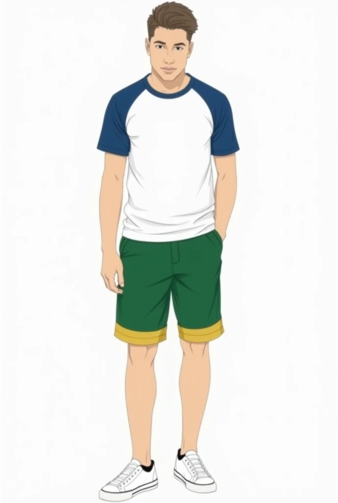 male sketch. white t-shirt with blue detail on the shoulders and sleeves. elegant matcha green shorts with yellow hem. white sneakers on the feet.