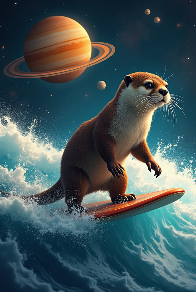 otter surfing the universe with the planet saturn