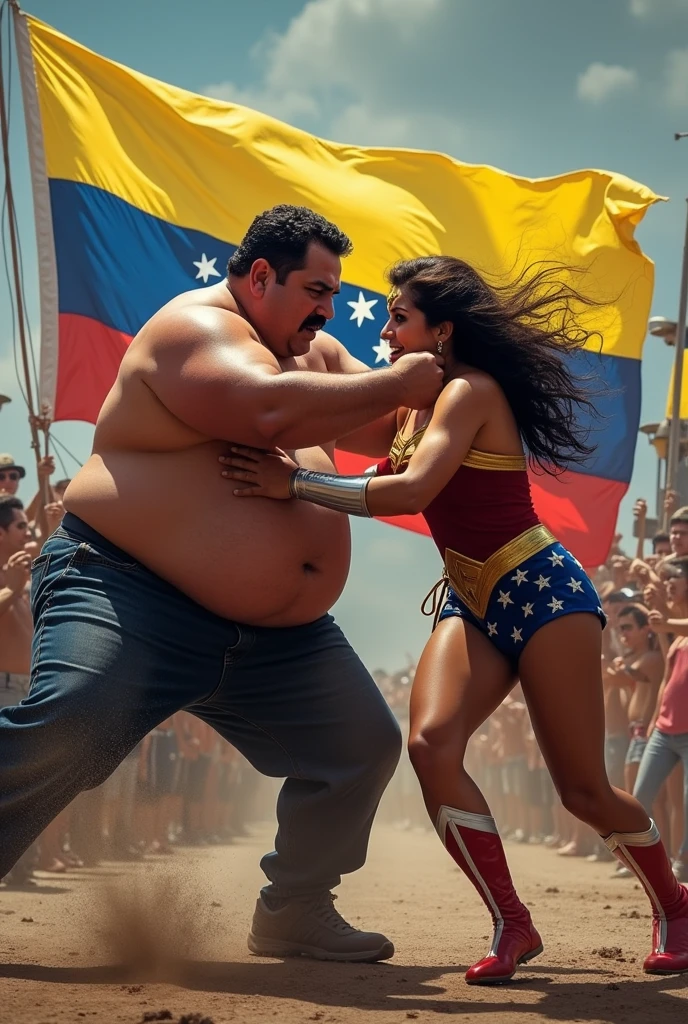 Generates the obese man with a mustache called Nicolás Maduro fighting to the death and with blows with María Corina dressed as Wonder Woman dressed as Venezuela