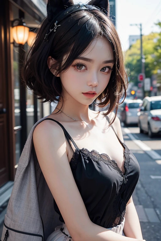 Highest quality、32K、masterpiece:1.3、Gothic punk、The inner color is pale pink,Gray Black Hair、hair ornaments,beautiful girl、creative、Punk Shirt、Neogoth、Goth Fashion:1.2、High resolution、masterpiece、Highest quality、頭w:1.3、((Hasselblad Photos))、Fine skin,Sharp focus,(Cinema Lighting),Explore Tokyo'The city at night beyond the neon lights, Forehead open,、Petting'Hair back,Shoulder Bare,Small red rose tattoo on the décolletage,Just one tattoo,Ultra-precise, high pixel photo-quality images,(((Flat Chest))),Beautiful nipples,Are thin,Kpop super beautiful girl dancer idol singer,