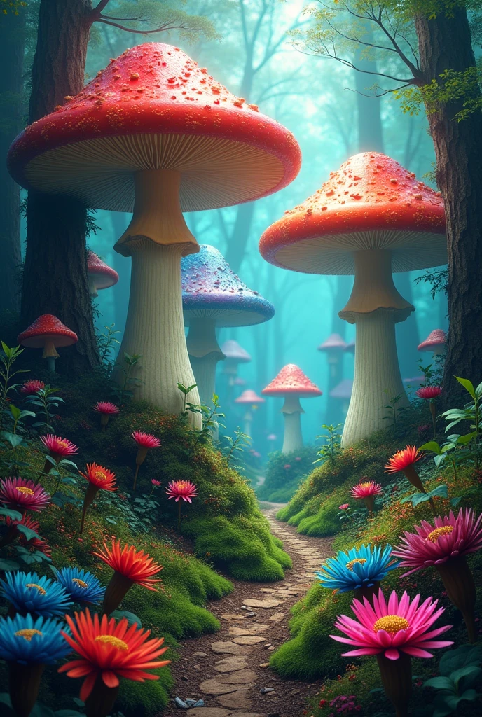 A movie poster, with giant mushrooms of various colors, in a forest with flowers of various species and colors,like red,blues and pinks, and the title "wonderland "
