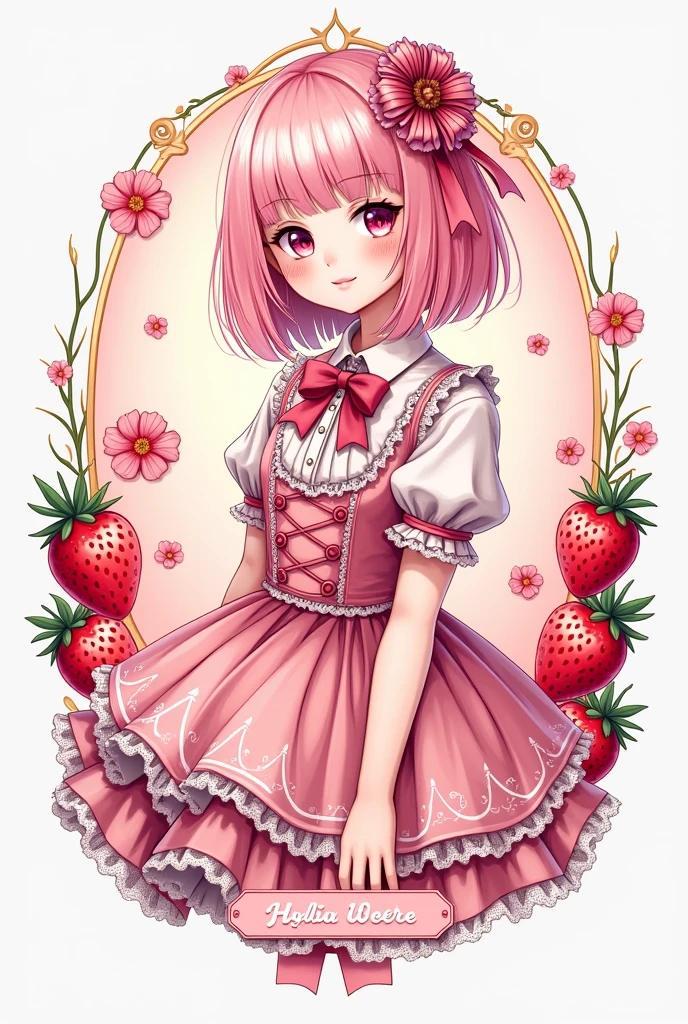 Create a logo for a brand called "Lulumu Store" that has pink colors, red , white, Strawberries drawn around and a girl with pastel pink hair dressed as a sexy lolita