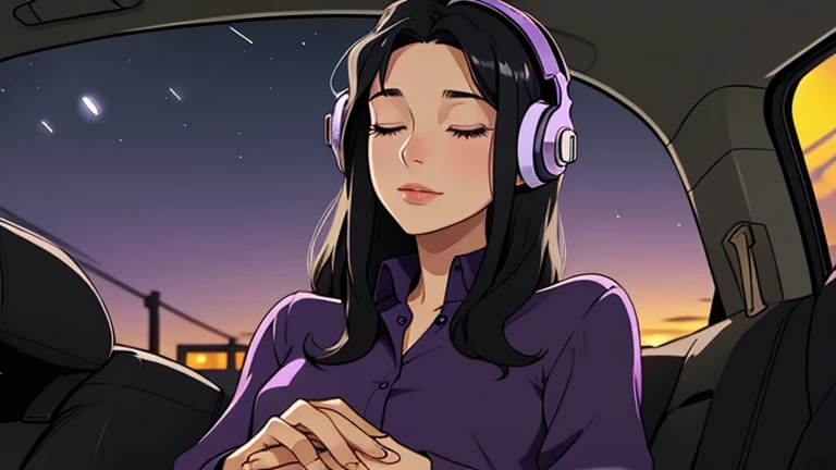 Beautiful woman in her 30s with black hair is sitting with headphones in a car. Looking down, eyes closed, LOFI girl, relaxing mood, cozy, only five fingers,Well-proportioned face, female Beautiful fingers, summer, purple blouse, mid night, Outside the window is a night view, Calm expression, he is sleeping comfortably , She can't see her legs, colorful