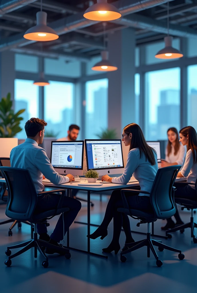 An image with a team from a digital marketing agency with several computers and tables and an elegant chair and the name Google ads and Facebook ads