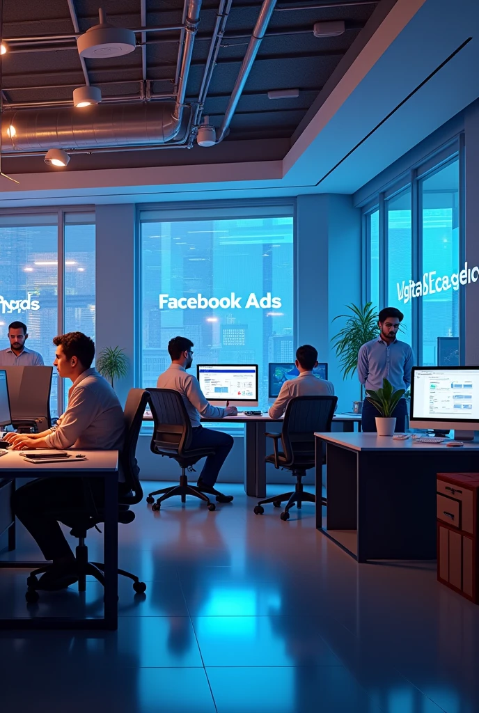 An image with a team from a digital marketing agency with several computers and tables and an elegant chair and the name Google ads and Facebook ads