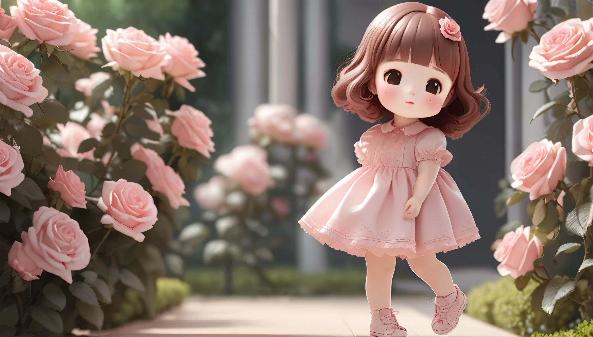 Photorealistic、Chibi Girl Doll(Smelling the scent of roses、Squinting、Cute Shoes、Standing posture、smile、Shoot from the side)、Rose Garden