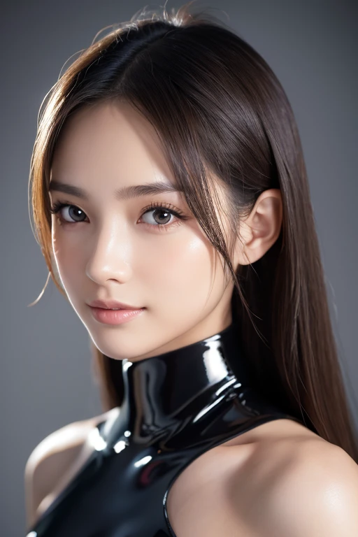 Latex bodysuit、Knee-high boots、Huge 、Long brown hair、Shiny, Oily skin、Glowing Skin、Indoor competition pool、White skin、The beauty of kimono, Body Portrait, 8k, Narrow and beautiful eyes, Dindal effect, masterpiece, 最high quality, high quality, High resolution, Very detailed photos, (Natural skin texture, Fine skin, Hyperrealism, Ultra Sharpness) , Skin with attention to detail, (Very fine, Fine skin texture, Intricate details, Beautiful Face, (Lifelike face), Realistic eyes, Beautiful and detailed eyes, Realistic Skin, Beautiful Skin, surreal, Very detailed, Golden Ratio, Smiling Eyes, ((Night moonlight background)), Body Portrait,  glamorous, Shiny Bodysuit