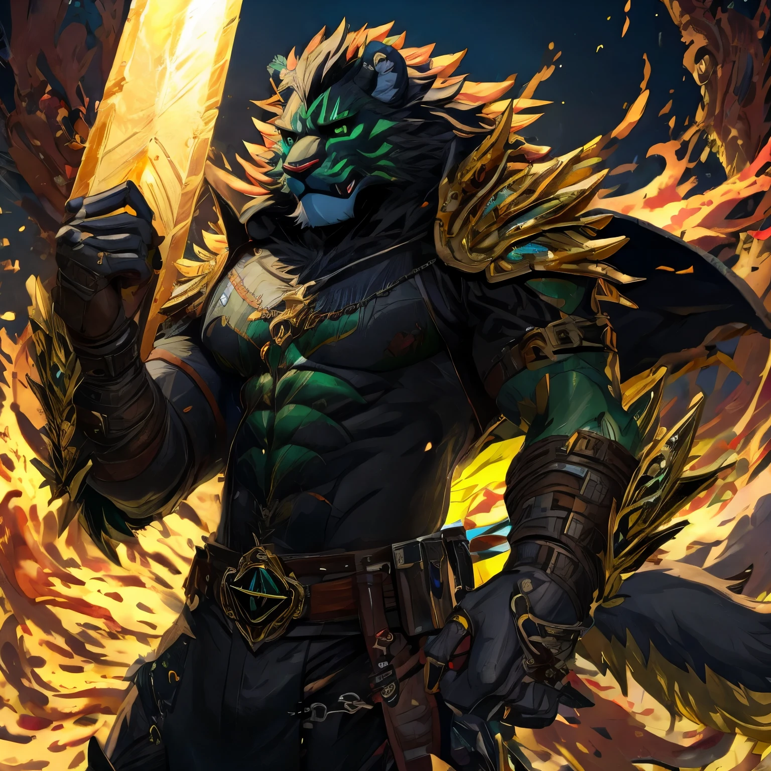 References fluorescent green warrior lion. futurist. big sword. black clothes. furry digital art. furry character, furry, fantasy. high quality.