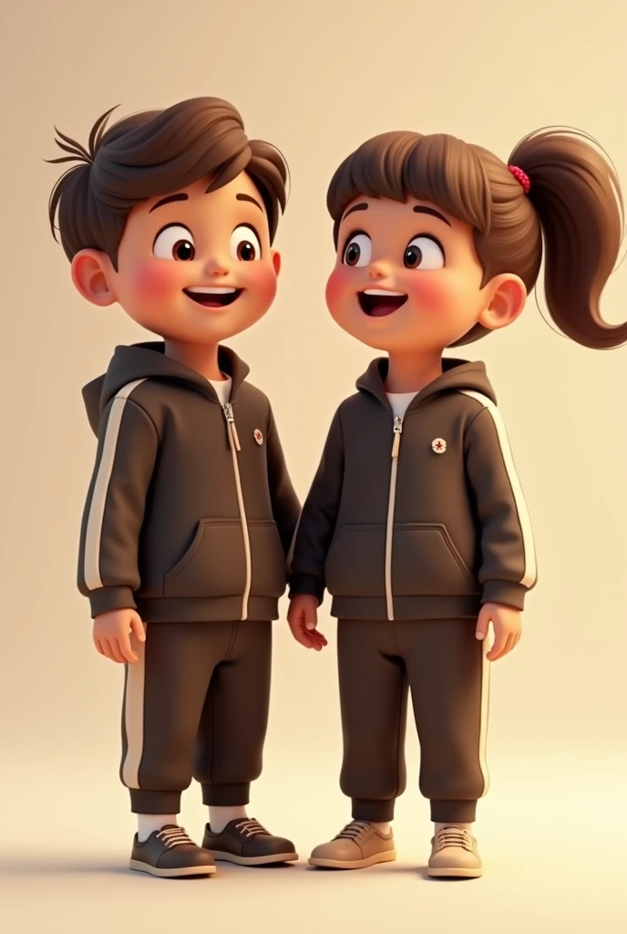 Animated image of a happy 3--old  and a smiling 3-year-olrl weng a full tracksuit, trousers and a dark brown jacket with only a cream-coloured stripe 
