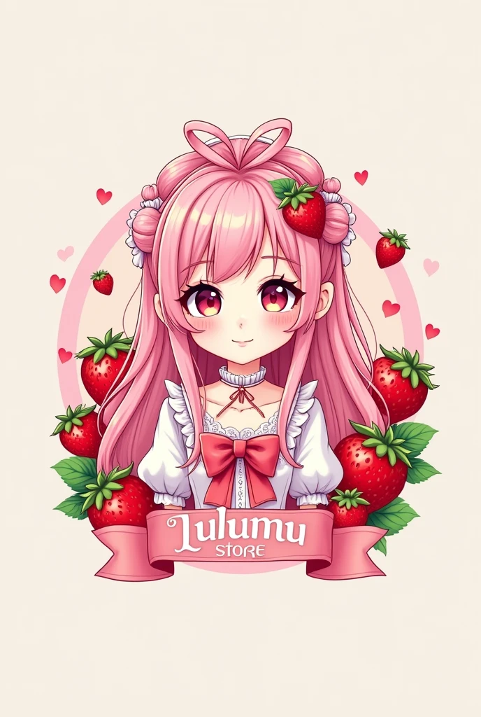 Create a small logo for a brand called "Lulumu Store" that has pink colors, red , white, Strawberries drawn around and a girl with pastel pink hair dressed as a sexy ta