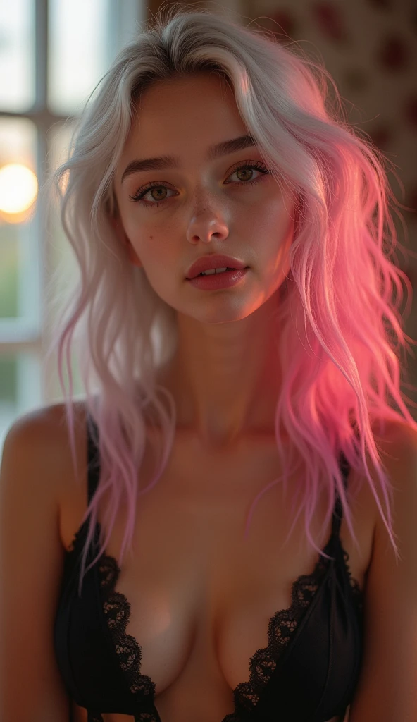 one girl, random white hair with pink highlights, (((brown eyes))), colorful, cinematic light, random hairstyle, big breast, brown freckles, Thin waist, Ultra-fine makeup, ultra-fine clothing material, cute lips, cute face, beauty, sexy, high quality arms, high quality hands, appropriately generated hands, lewd, (((look ahead))), (((nsfw))), lingerie, nightwear, black lingerie, lace lingerie, room, sunset light, romantic atmosphere
