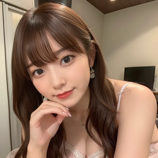 masterpiece, Best Quality,, Ultra-detailed, finely detail, hight resolution,1girl, blunt bangs, smile, blush, bed, big breasts, Rainbow Lingerie, sitting、nogizaka、Beautiful brown eyes:1.3、17-year-old, redhead, absurdrez, shiny skin, dinive, red enamel, jewelry, full body, ultra detali, high qualiy, work of art, face detailed, gorgeous eyes(detailedeyes), a face of perfect proportions