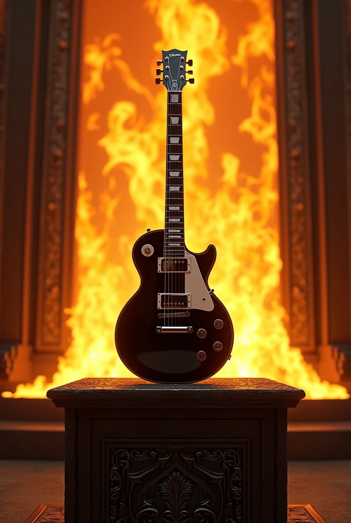 Les Paul electric guitar, black with white color, perfect proportions: 1,5, standing on an altar, a long wall of fire in the background. realistic art style.