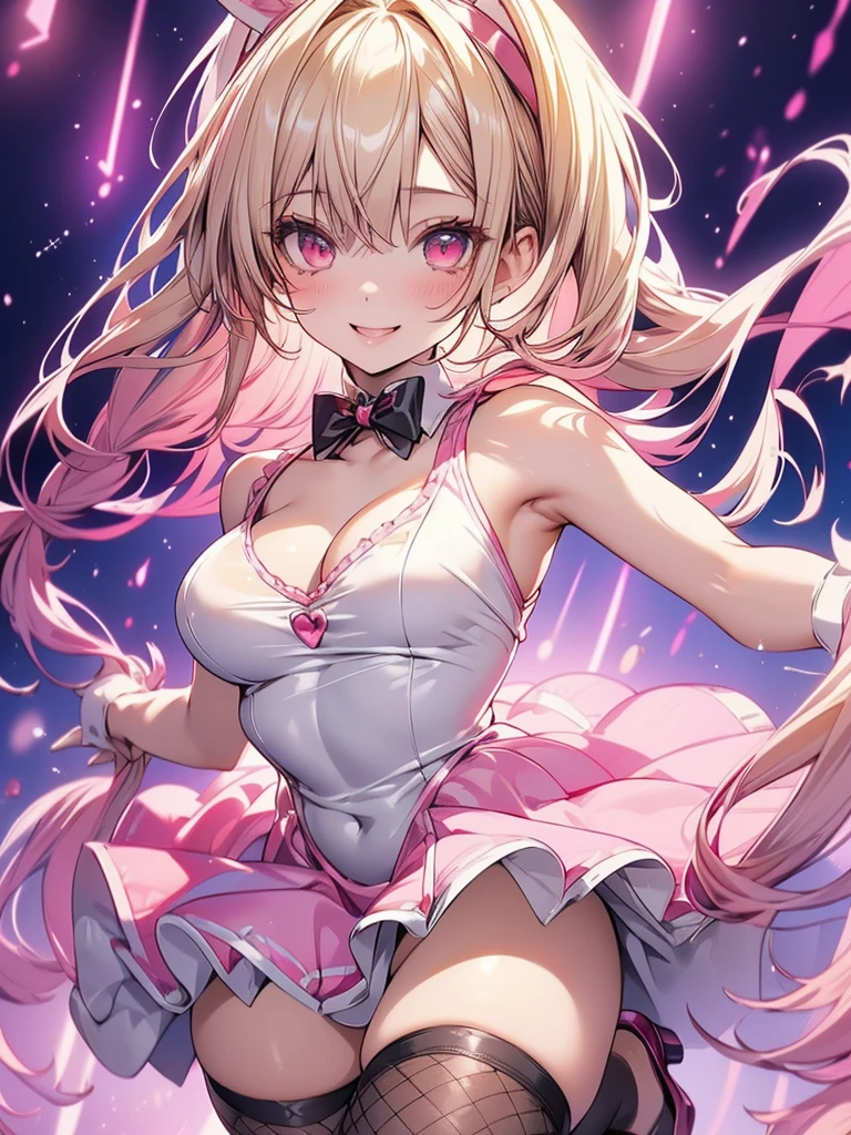 (masterpiece:1.3, Highest quality, Ultra-high resolution, Super detailed), (Realistic, photoRealistic:1.4), Beautiful illustrations, Perfect lighting, Natural light, colorful, Depth of written boundary, NFSW, View your viewers, (Face Focus, Upper Body), 1 girl, Bunny girl, Cosplay, , Perfect Face, (Perfect Anatomy), Cute and symmetrical face, Baby Face, Glowing Skin, ((Super detailed skin)), (Mid-length hair:1.7, Twin tail hair:1.5, Blonde), Hair between the eyes, Red eyes, Long eyelashes, (Large Breasts, Captivating thighs, Big Ass), Beautiful Hair, Beautiful Face, Beautiful attention to detail, Beautiful clavicle, Beautiful body, Beautiful breasts, Beautiful thighs, Beautiful feet, Beautiful fingers, ((pink Bunny girl)), Bunny Color, cuffs, (Fishnet tights), High heels, (Beautiful views), Daytime, (casino), Are standing, (Twirl your hair | Put your hands in your hair}, (Cute smile, Upward glance), metallic luster, latex