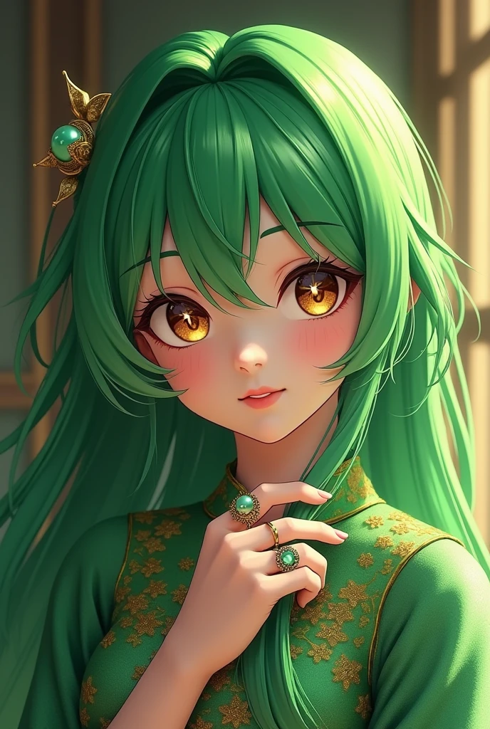 matte painting of a green haired anime girl with sparkling brown eyes with Star motif, wearing a traditional green kebaya, holding hair, her hand is wearing a sparkling green ring, detailed glitter, deep color, fantastic, intricate details, splash screen, complementary colors, fantasy concept art, 8k resolution is trending in Artstation Unreal Engine 5 " glamorous and glittering, with Realistic Glitter Sequined Portrait. 4k, very detail, whole body