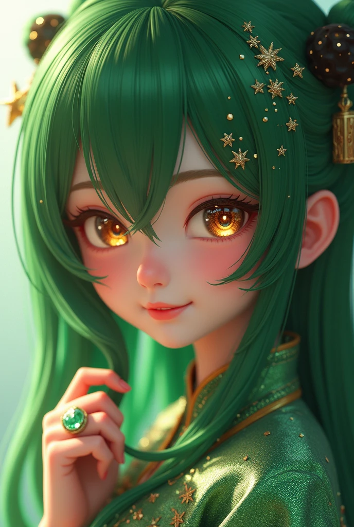 matte painting of a green haired anime girl with sparkling brown eyes with Star motif, wearing a traditional green kebaya, holding hair, her hand is wearing a sparkling green ring, detailed glitter, deep color, fantastic, intricate details, splash screen, complementary colors, fantasy concept art, 8k resolution is trending in Artstation Unreal Engine 5 " glamorous and glittering, with Realistic Glitter Sequined Portrait. 4k, very detail, whole body