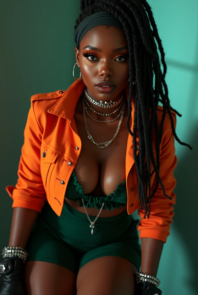 ((Benevolent aroused ((dark-skinned Jamaican)) (pastel goth) girl)) with (short textured hair) sitting at desk while pleasuring fingering herself underneath the desk, panting facial expression, wearing a (tight sweater), traditional flash tattoos on arms and legs, plump thighs, high quality photo, sitting in the middle of (dense orange grove) next to flowing river during golden hour, visible stretch marks