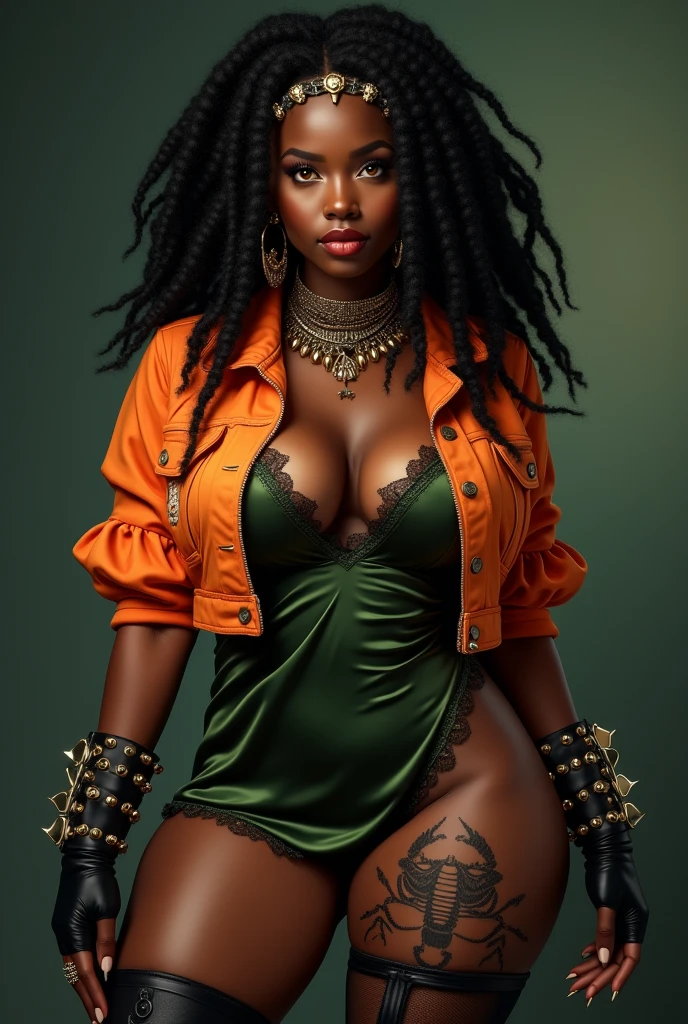 Hyper risography realism, hyper-hd, fullbody, close up, wink, volumetric lighting,god hour, sharp gradients, deep highlights, aesthetic, absurdres,masterpiece, best quality, expressive eyes, perfect face,perfect eyes, perfect anatomy, perfect woman, lean forward,{{ fingerless gloves, thigh boots, cropped jacket, short sleeves, orange jacket, frilled dress, green sleeveless dress, spiked bracelet, spiked hairband, spiked collar, scorpion print thighhighs, spikes}}, {{{ large breasts, hair between eyes, defined sensual muscle, bubble butt abs, wide hips, firm breast, voluptuous perfect oval physique, glasses, orange and gold heterochromia eyes, black dreadlocks, flat nose, wide nose, heartshaped face, dark chocolate complexion, african-caribbean, very darkskin black woman, sensuous shortstack, Black girl, Sassy,}}}