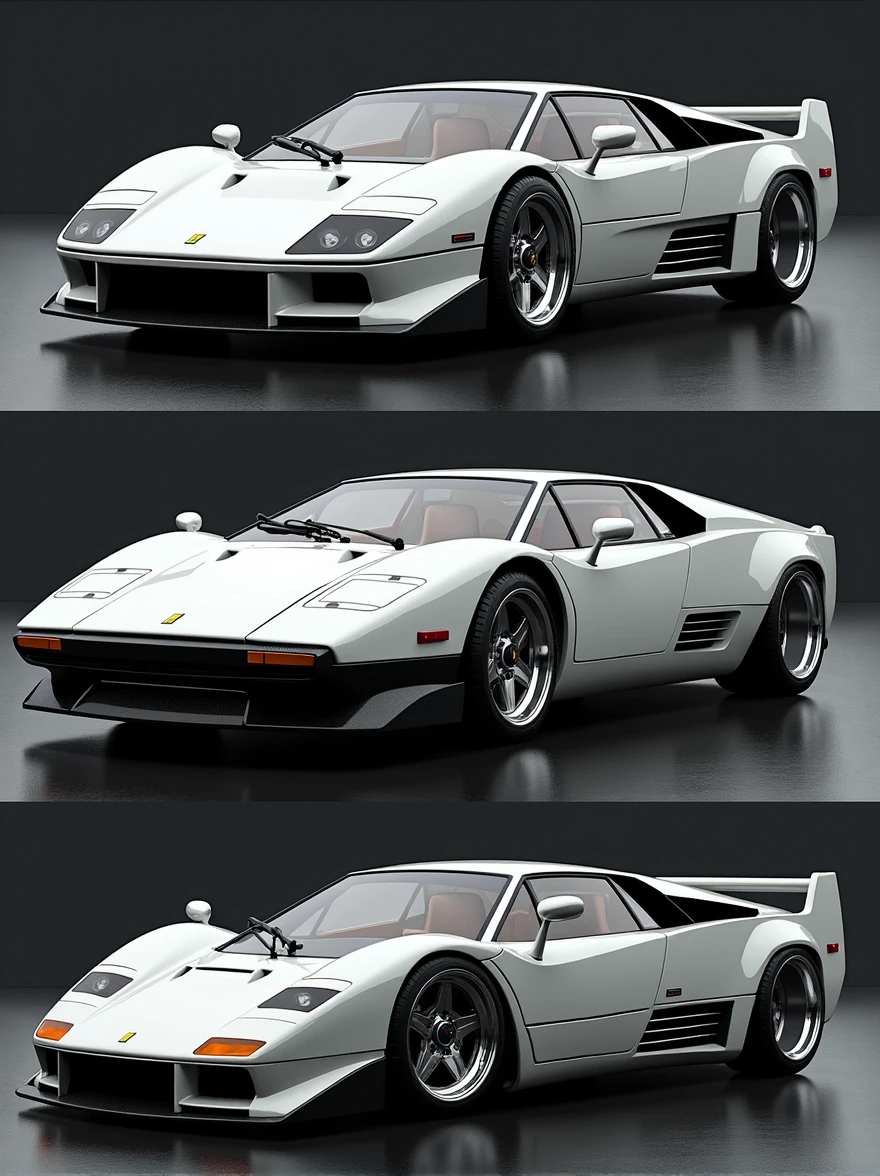 Draw a fusion of White Ferrari F-40 and White Lamborghini Countach in 3 frames:
- Front view
- Side view
- Rear view realistic