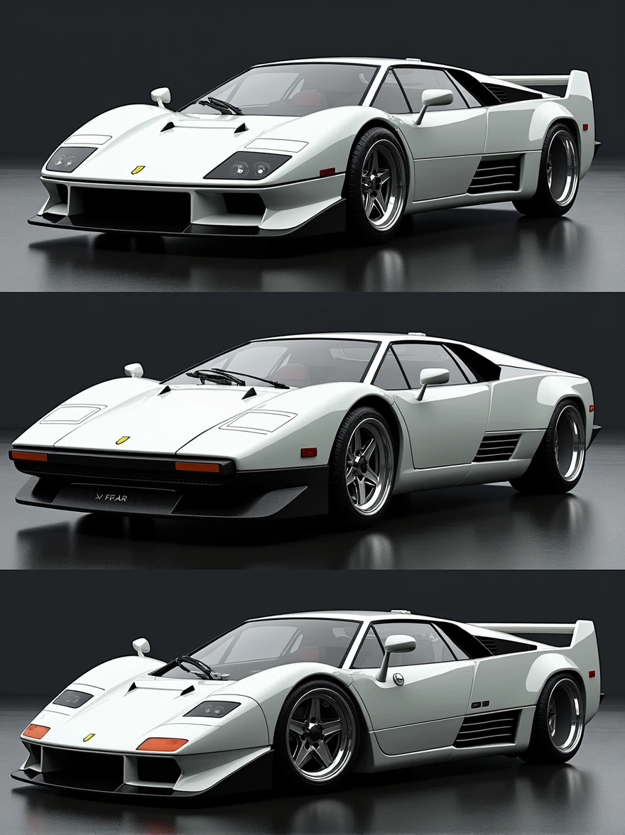 Draw a fusion of White Ferrari F-40 and White Lamborghini Countach in 3 frames:
- Front view
- Side view
- Rear view realistic