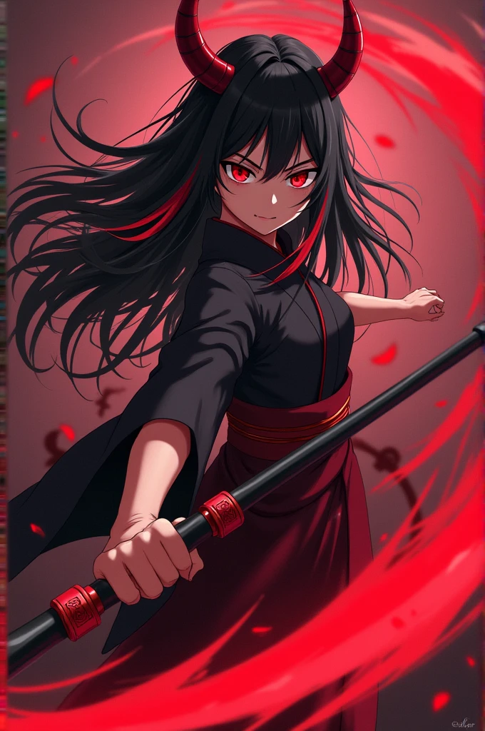 estilo kimetsu no yaiba, A girl, black hair with red highlights, red eyes not so big, devil, With horns, fighting pose, Kimono as a dress, claws, scythe, red aura