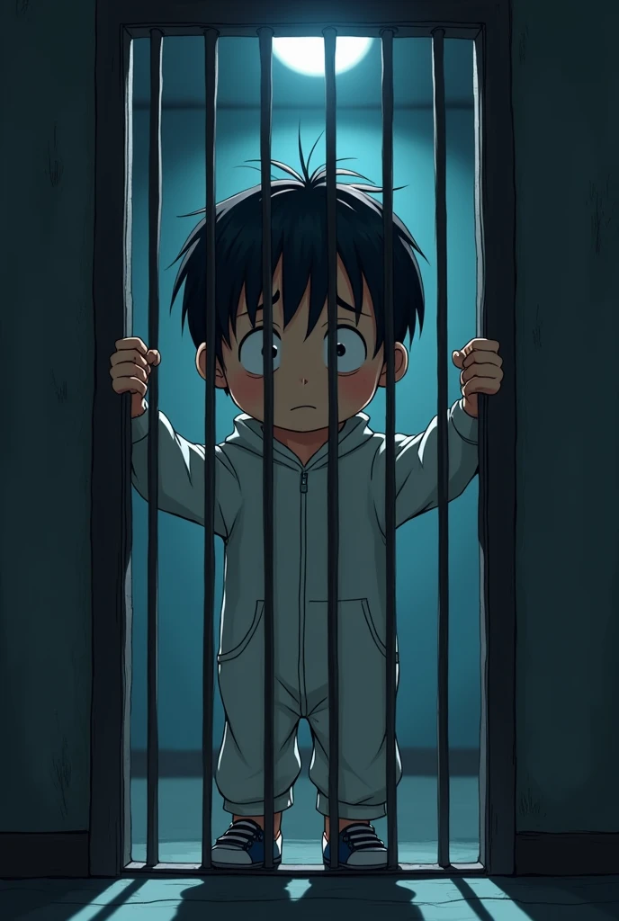 Cinematic anime style. manga art. TME0224 face, sad expression, (((a baby boy, 4 year old))) in a funny night (((wearing just baggy wide shorts))) (((hands grabbing the bars))), (((inside a tiny closed cage behind bars, standing with the arms grabbing the bars))). cinematic lighting, drop shadow, masterpiece, UHD, anatomically correct, textured skin, super detail, high details, high quality, best quality, 4K, full body, standing