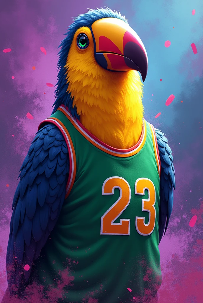 An image where a toucan with green eyes and with his green and yellow penalty with a basketball jersey number 23 and the background is purple and blue as if they were thrown on the slim screen in nft format
