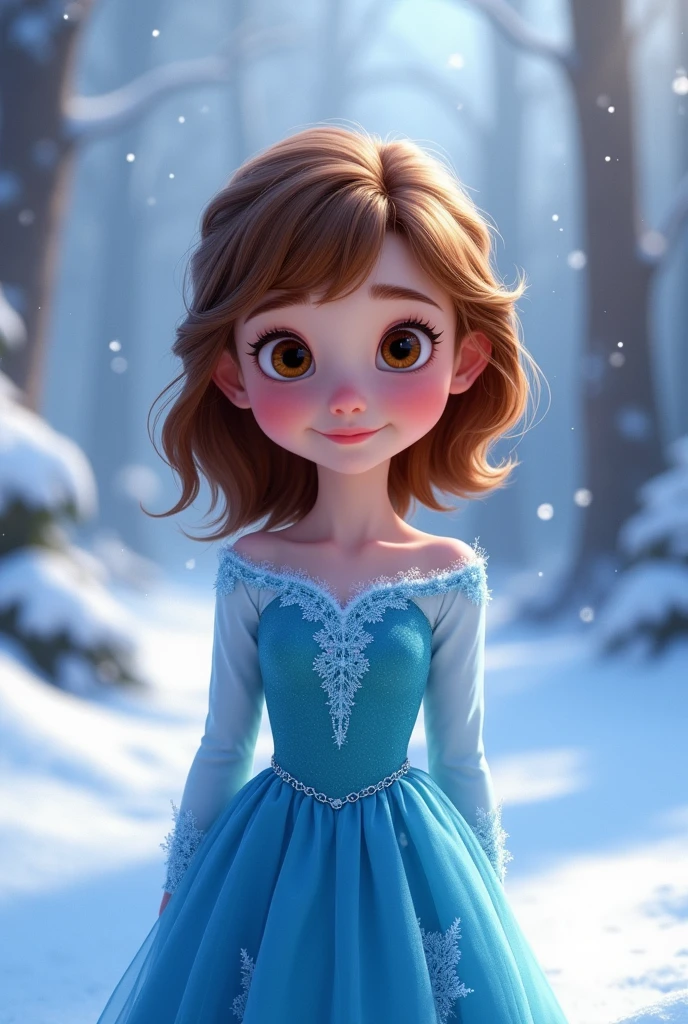 one , Pixar-style, eyes browns, small, shoulder length hair and bangs, in brown color, wearing a blue dress like Elsa from Frozen, in a snowy setting.