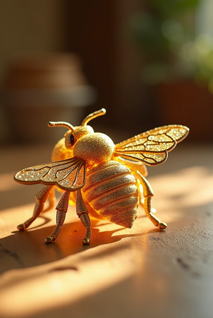 A bee-shaped comb, similar to a gold jewel on the table