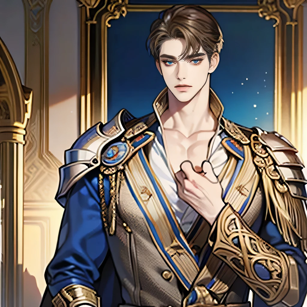 1 chico, Young man, duke, Blue eyes looking at the camera., Perfect male body, (gentleman, tall and strong, Golden brown hair,frown,silver armor, sword in hand,Be in the castle),dramatic shadow, ray tracing,portrait,(masterpiece, High resolution, Ultra-detailed:1.0)