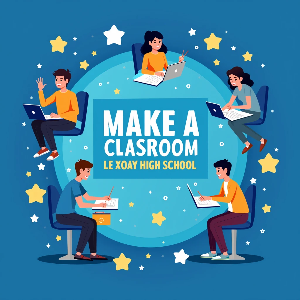 make a classroom logo, technology wallpaper, surrounded by students studying, blue background, with the words 10A5-K62 in the middle, surrounding stars, with the words 'Le Xoay High School'