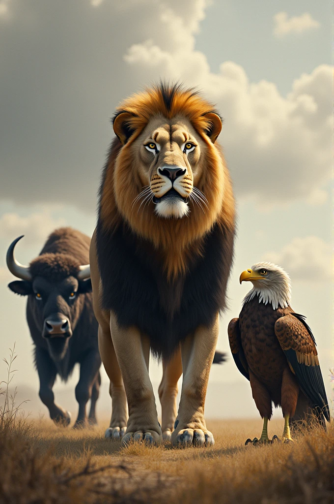 Here's a detailed prompt for the image you requested:
"A realistic scene featuring a powerful lion standing at the center, facing directly forward with a fierce, focused expression. To the lion's right, a majestic eagle stands slightly behind, gazing to the right with its wings partially spread, showcasing its feathers. On the left side of the lion, a strong and sturdy buffalo stands slightly behind, facing to the left with a calm but watchful demeanor. The scene is set against a natural, open landscape, with a neutral, slightly cloudy sky to enhance the realism and intensity of the moment."