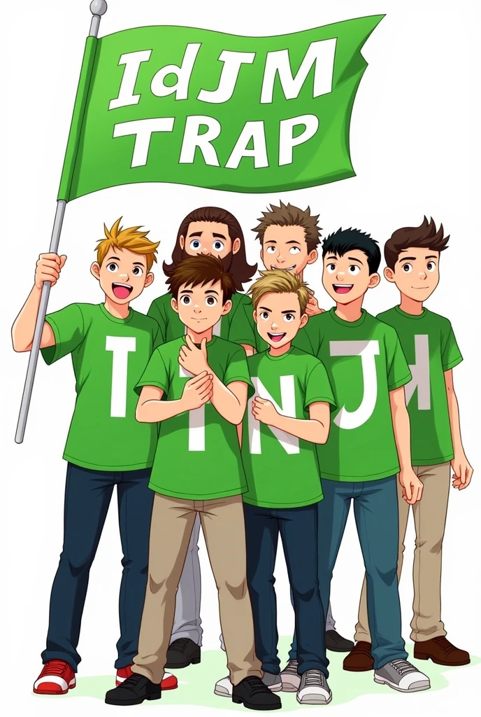 Make 4 boys, each one with a green shirt and on each one's shirt a letter, I,d,J, IN . Make the 4 brown ones, one with a big beard, one with big curly hair, one with straight hair and the other with a military cut.,faça os 4 segurando uma bandeira escrita IdJM TRAP. Please
