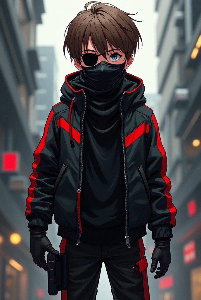 Brown haired boy with black jacket with red stripes, black pants with red stripes, sunglasses ,black gloves, tactical cloth mask and anime version 