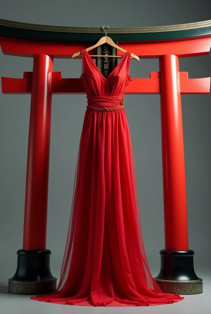 A red wedding dress is hanging on a red torii gate object.、back ground gray,(foreshortening, Canon, uhd, anatomically correct, super detail, high details, highness)