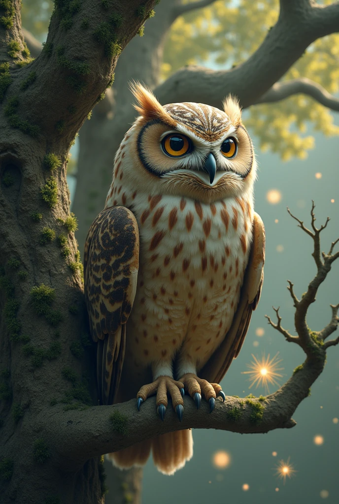 Mother owl sitting on the branch of the tree of life