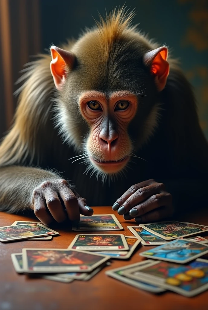 A big monkey very focused playing with Magic the Gathering card games, which are strategy games. The monkey has creature and monster cards on the table and prepares to summon a card on the table.. The monkey has several cards in his hand and on the table there are several cards stacked in a single deck.