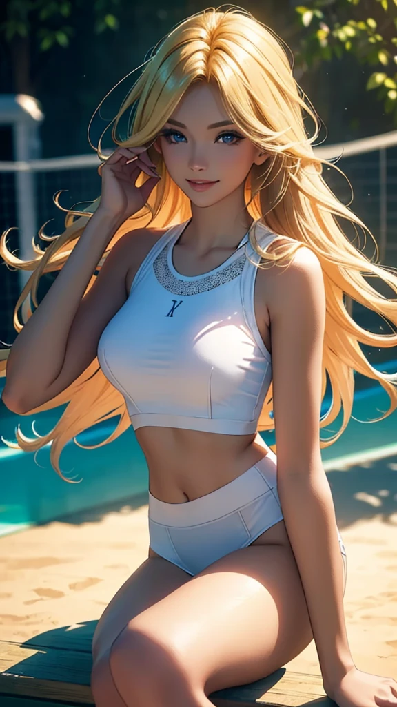 (best quality,ultra-detailed,photo-realistic:1.37),bright and vibrant colors,studio lighting,playful expression,stylish makeup,long blonde hair flowing in the wind,alluring eyes,glossy lips,sexy pose, Tennis, smiling in a confident and seductive way,posing for a professional photoshoot,shallow depth of field,highlighting the main subject,soft natural lighting,creating a dreamy and magical atmosphere.
