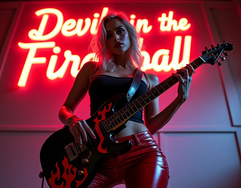 A sexy Blond Woman with hourglass body and huge, big, massive tits playing an electric guitar, which is a musical instrument characterized by its electronic sound production. The guitar has a distinctive Glossy black with red and orange flames on it, which is not typical for such instruments and suggests a custom design or personalization. The individual's attire includes a black t-shirt, Background with neon red text in a 3D font that spells out "Devil in the Fireball", she is wearing tight red leather pants. The presence of the guitar and the attire of the person implies a context of music performance in a rock genre. Neon art style mixed with vector art and pop art in the background that depict sound waves flowing thru the air visual effect to enhance the rock aesthetic, glowing neon light, Pop art 