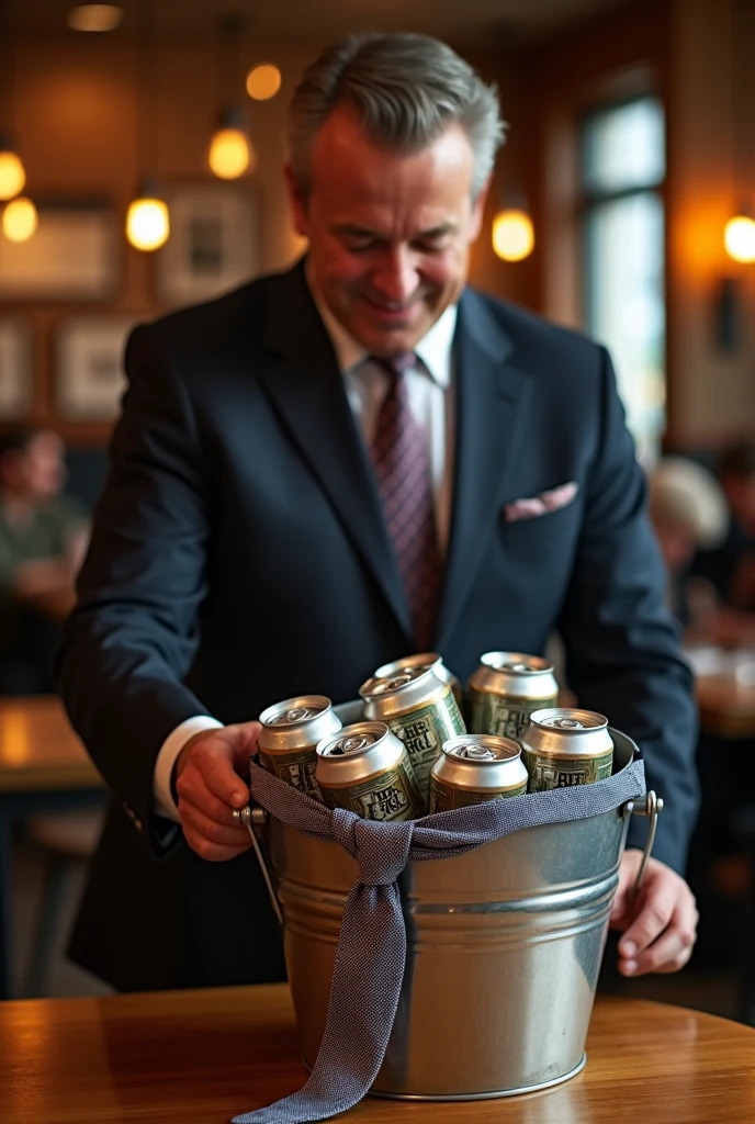 Create an advertising image for a Father's Day beer bucket promotion: buy 4 and get one for my restaurant with tie decoration