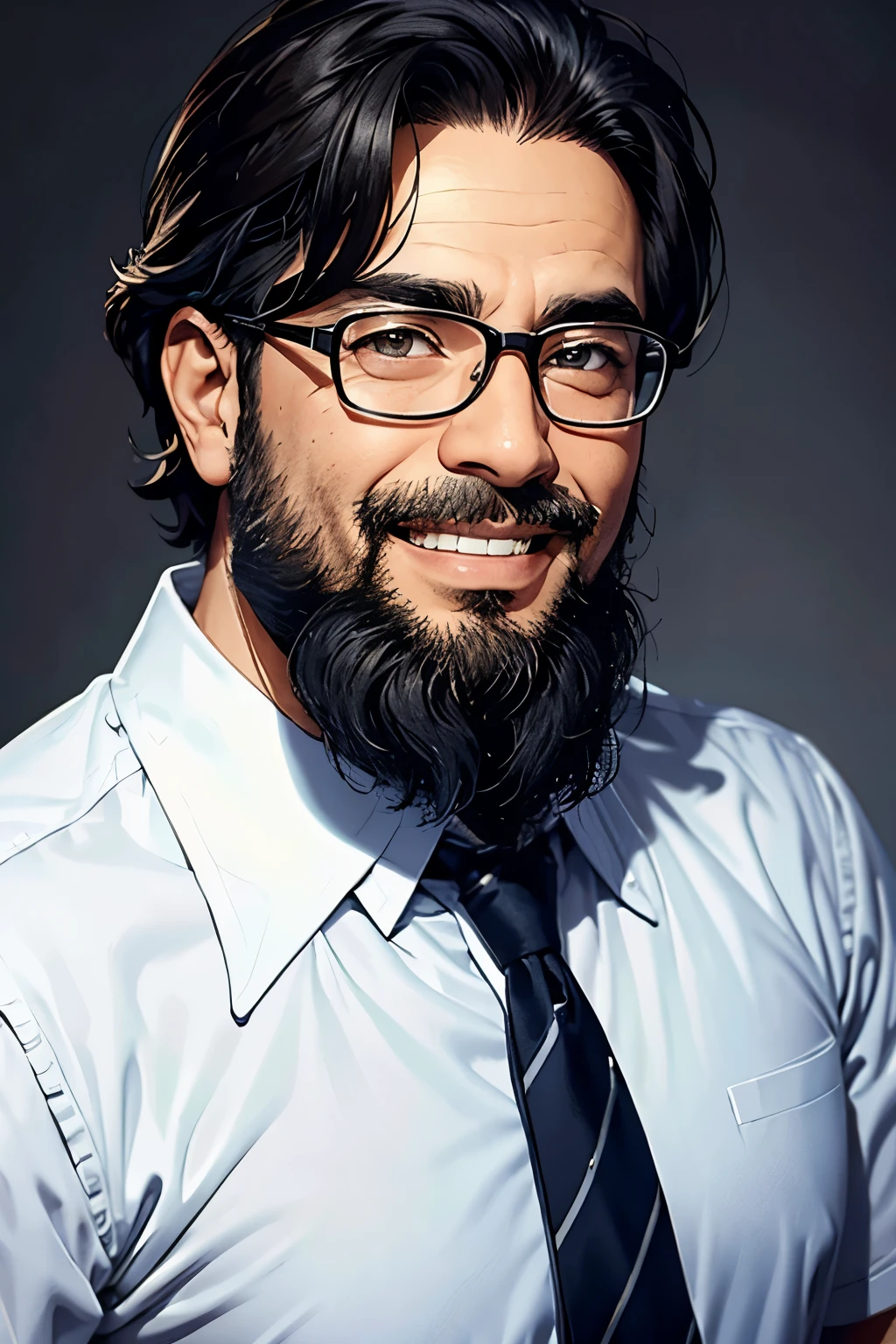 A middle aged man, from Egypt, medium hair and beard, with glasses, with a formal shirt, professional photo, close up, smiling showing teeth, blank background