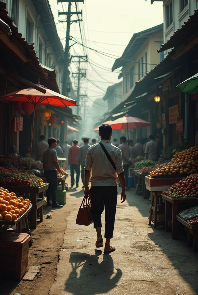 create a cinematic style art with a market setting in a Thai urban city and symbols of resistance from subaltern agents