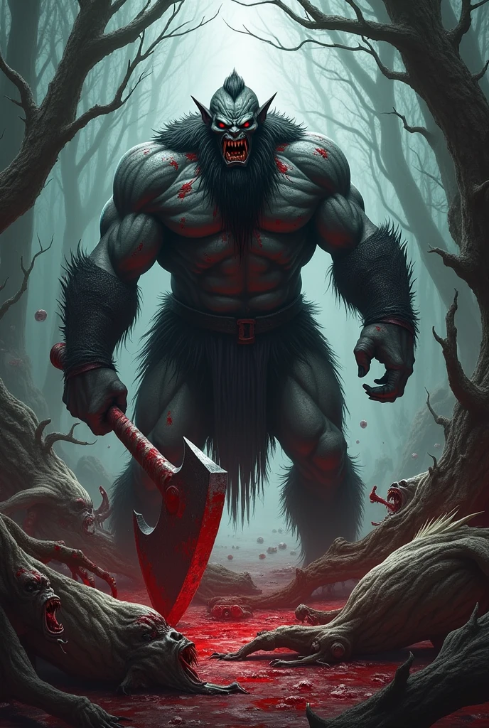 Create a cover for a book, a black ogre, bravo ,with an axe in hand, bathed in blood, with several dead creatures, fallen behind him in a black forest