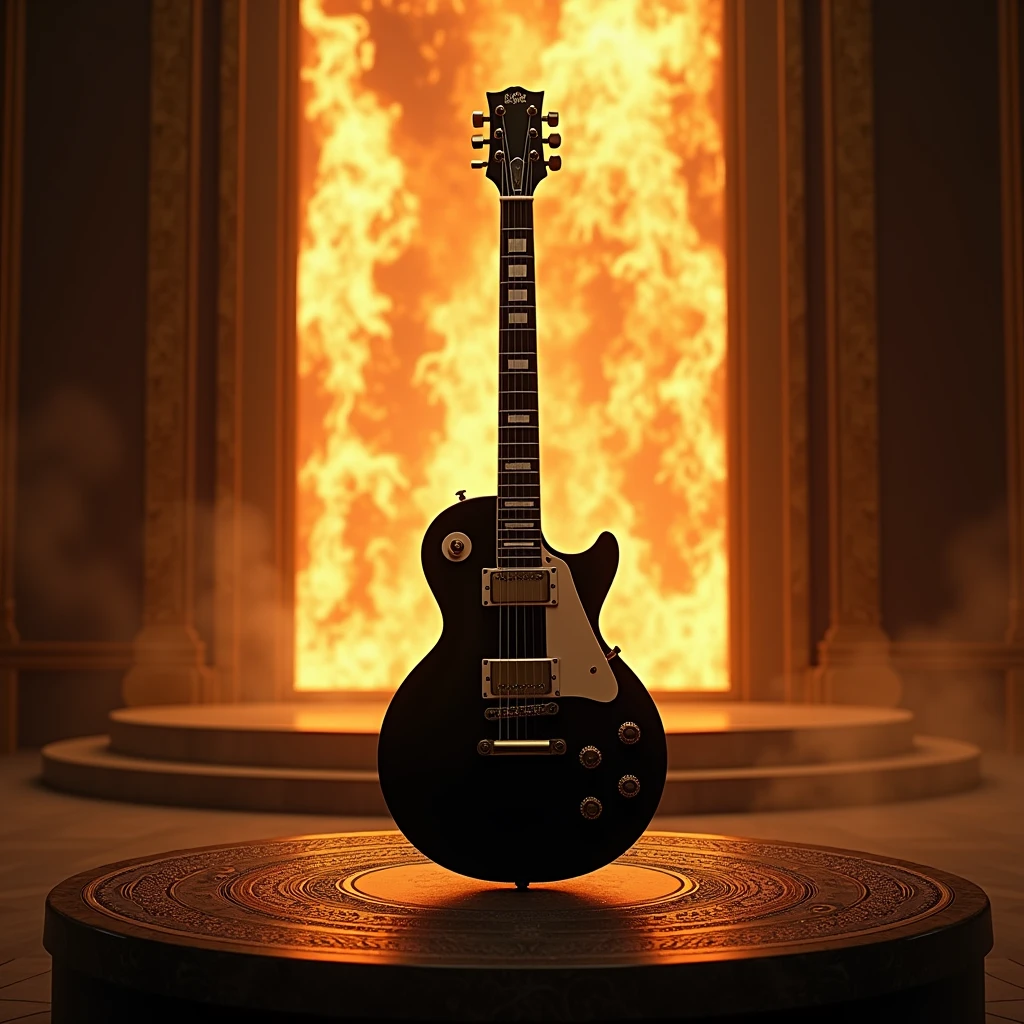  Les Paul electric guitar, black with white color, perfect proportions: 1,5, standing on an altar, a long wall of fire in the background. realistic art style.