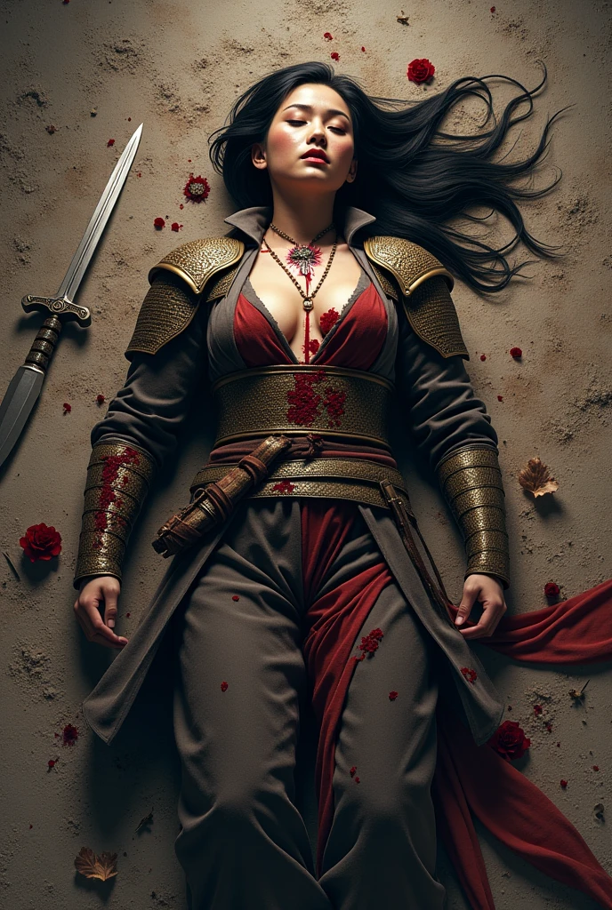 Corpse of an asian fighter women laying at the battle ground death by stabbed at her chest, stabbed chest, with a sword, the sword still stucked at her chest covered of blood body,