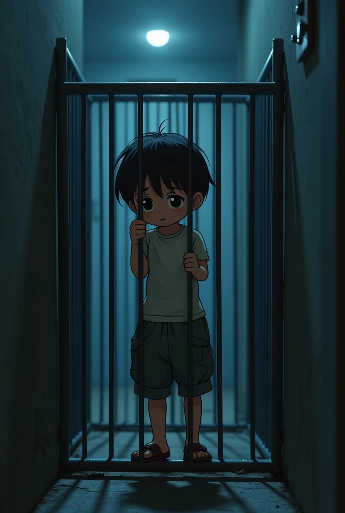 Cinematic anime style. manga art. TME0224 face, sad expression, (((a , 4 year old funny night (((wearing just baggy wide shorts))) (((hands grabbing the bars))), (((inside a tiny closed cage behind bars, standing with the arms grabbing the bars))). cinematic lighting, drop shadow, masterpiece, UHD, anatomically correct, textured skin, super detail, high details, high quality, best quality, 4K, full body, standing