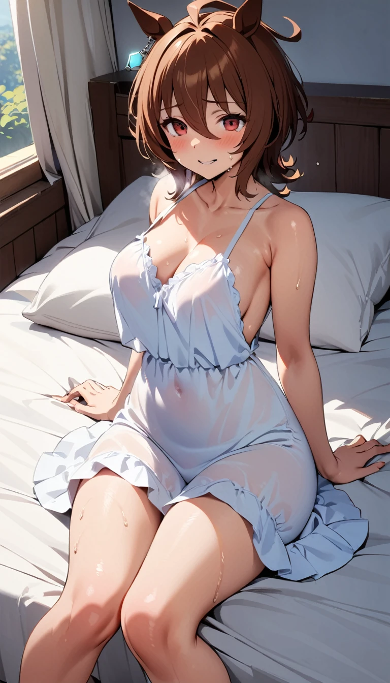 ((Tabletop, highest quality, High resolution, , Pixel perfect, 4K,))), 1 beautiful woman, private teacher、The whole body is visible、 ((Mid-wave hair, bangs, Brown Hair)), ((Brown eyes, Beautiful eyelashes, Realistic eyes)), ((Detailed face, Blushing:1.2)), ((Smooth texture:0.75, Realistic texture:0.65, Realistic:1.1, Anime CG Style)), middle size breast, Dynamic Angle, Perfect body, (( , ,  、Frill apron, Maid Costume、Ruffled short sleeve shirt)),Luxury Bedroom、 Lying on the bed、、Very embarrassing panic smile, 、、、、(Floral lace panties are visible、Open your arms、Show your ass)、Angle from below)、