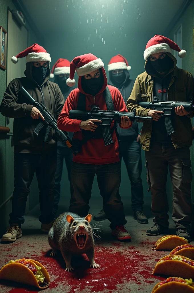 Create a horror movie cover with some masked teenagers wearing Christmas hats holding guns, blood-stained tacos and a crying, chewing rat in the corner