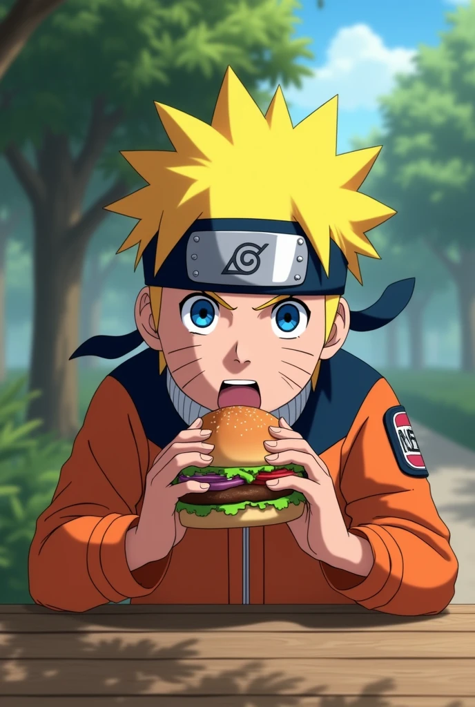 Naruto eating burger at park, close shot, depth of field, anime