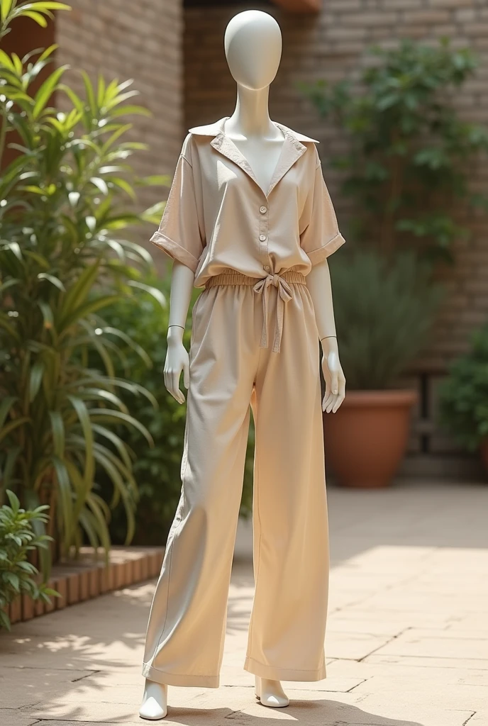 A rectangular body mannequin with an outfit suitable for its body type, The outfit should be casual and not formal to avoid being too hot at 40 °C, You should not wear shorts 